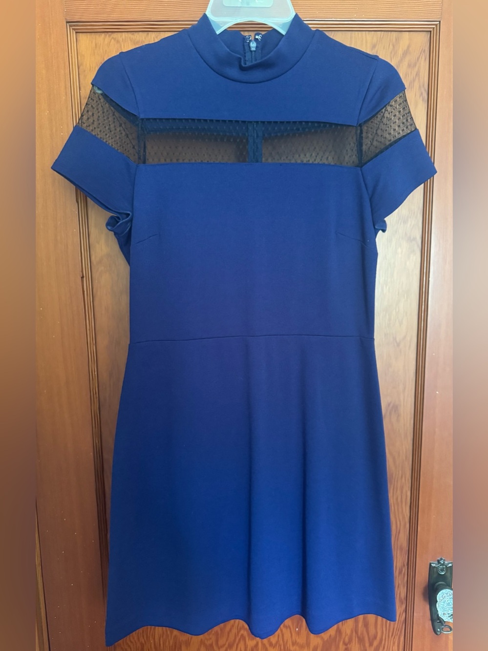 Express Navy Mini Dress with Sheer Dotted Yoke